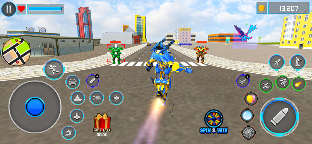 Robot Car Battle - Robot Games - A blue and yellow robot warrior flying in a 3D city environment during a battle.