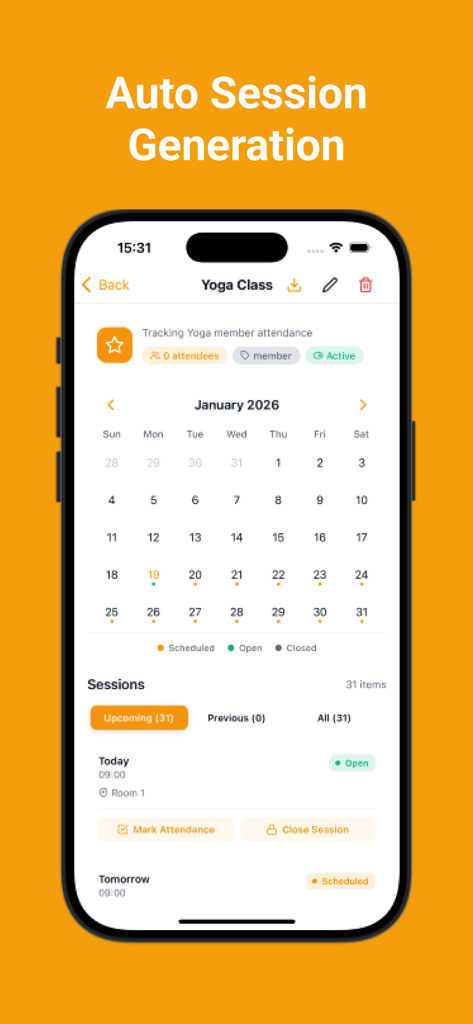 Attendance Tracker Offline - Attendance Tracker app interface showing auto session generation and calendar view for a yoga class