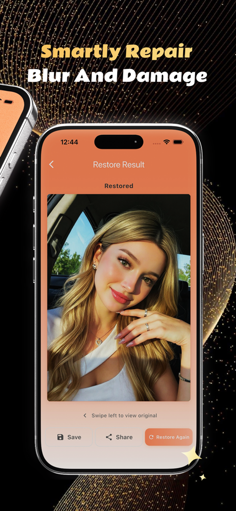Nexary app on iPhone showing a restored photo of a woman with options to save and share