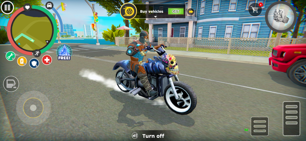 Rope Hero: Mafia City Wars - A superhero character riding a blue motorcycle with a skull design on a city street in Rope Hero Mafia City Wars