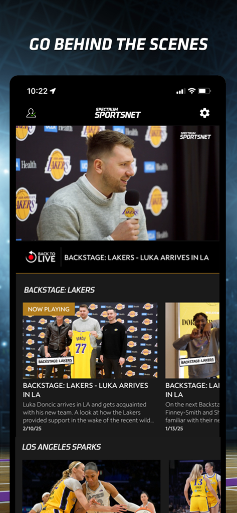 Spectrum SportsNet: Live Games - Interfaz de la aplicación Spectrum SportsNet que muestra contenido de video detrás de cámaras de los Lakers y los mejores momentos de Los Angeles Sparks