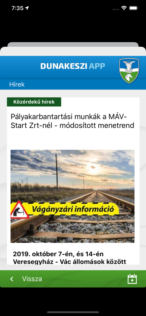 Dunakeszi IntermApp news screen displaying a public announcement about local railway track maintenance and schedule changes