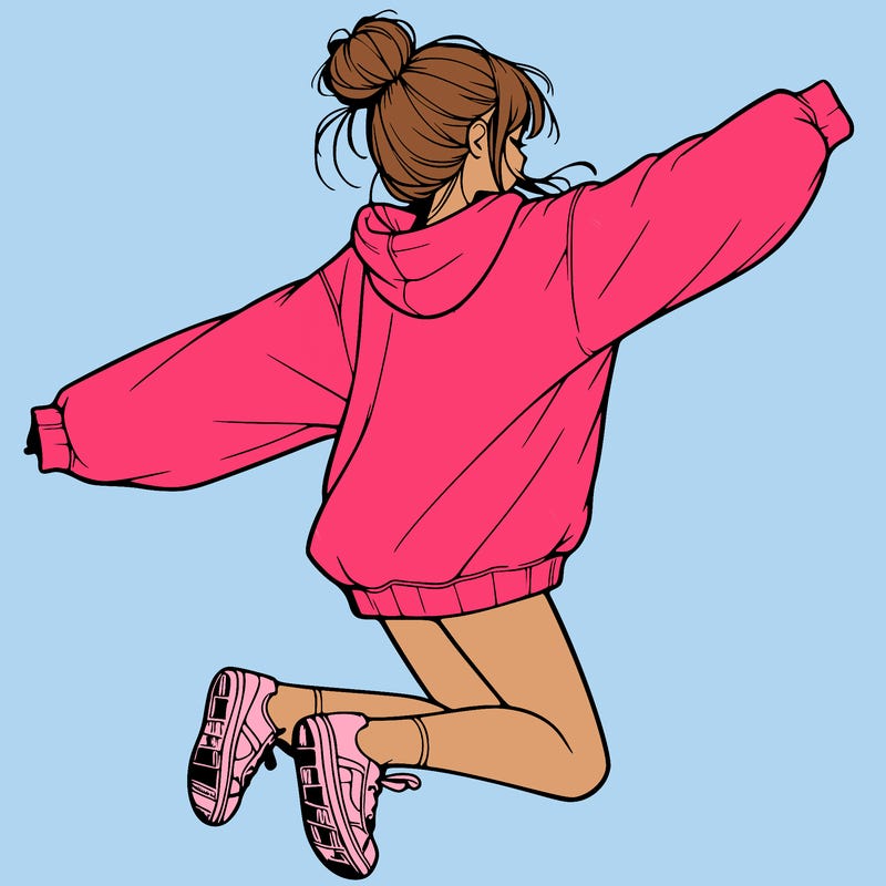 realistic girl jumping with a bun and oversized sweatshirt
