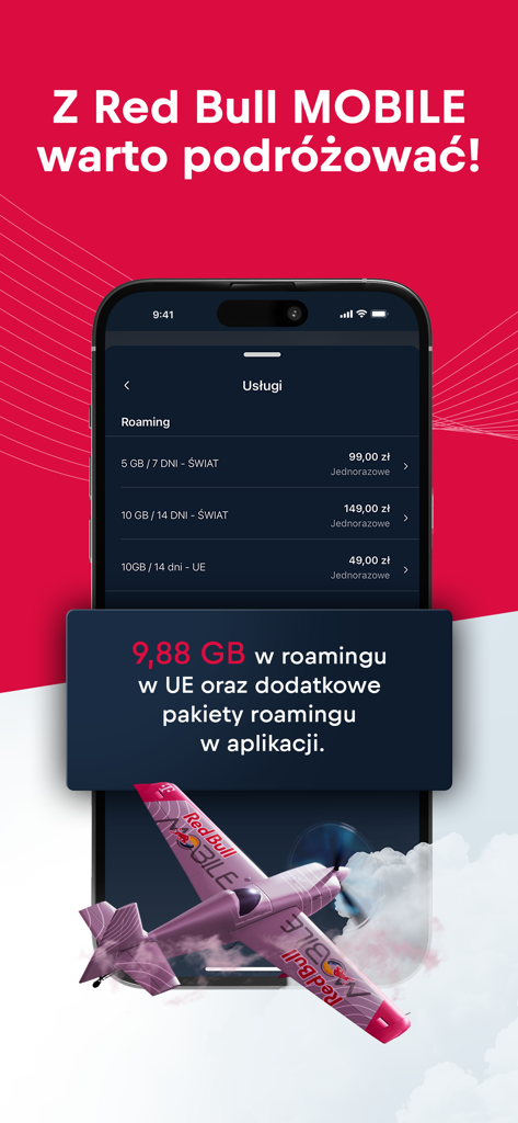 Red Bull MOBILE Polska app interface displaying international roaming data packages with a branded stunt plane graphic.