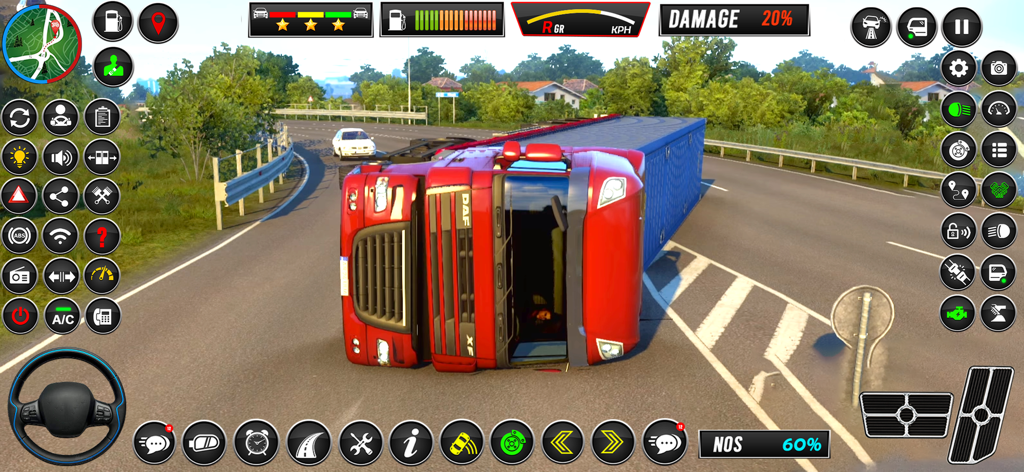 Un camión Euro rojo y un remolque azul volcado en una autopista en un juego de simulación de conducción de camiones