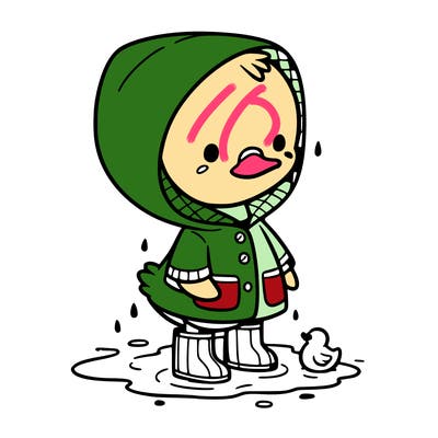 baby duck in a rain coat and boots, in a puddle while it’s raining