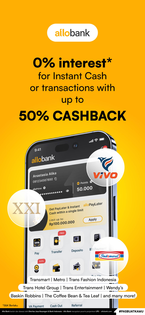 Publicidad de la aplicación móvil Allo Bank con interés del 0 por ciento y hasta un 50 por ciento de cashback sobre un fondo amarillo.