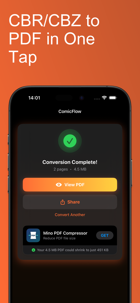 ComicFlow - CBR & CBZ to PDF - ComicFlow app showing a completed CBR to PDF conversion screen on an iPhone