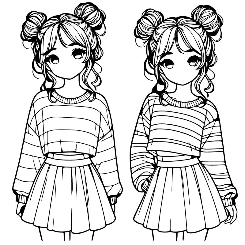 realistic girl with buns in her hair wearing a striped sweater and a skirt
