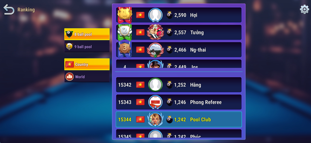 Pool Club: 8 Ball Billiards - Pantalla de clasificación en Pool Club 8 Ball Billiards mostrando puntuaciones de jugadores y rankings globales.