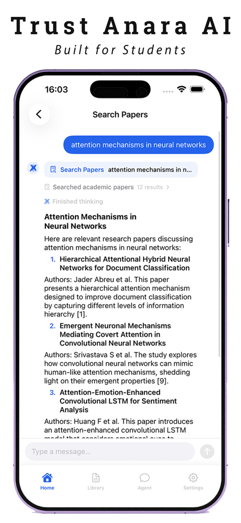 Anara AI Research Papers - Anara AI mobile app interface showing search results and summaries for research papers