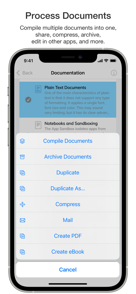 A mobile screen showing the Notebooks app document processing menu with options to compile, archive, and create PDFs.