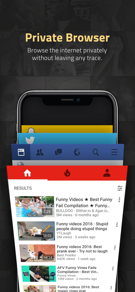 シークレット写真・動画Vaultアプリのプライベートブラウザインターフェイスに動画検索結果が表示されています