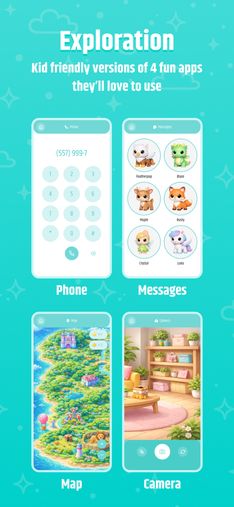 My Magic Phone - Screenshots der Telefon-, Nachrichten-, Karten- und Kamerafunktionen in der App Mein magisches Handy für Kleinkinder