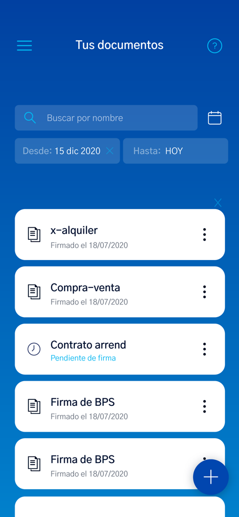 A mobile screen showing a list of signed and pending digital documents within the TuID app