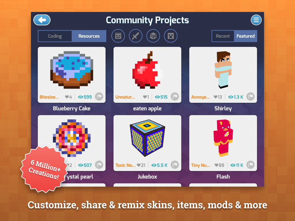 A showcase of community created Minecraft skins and items like blueberry cake and custom character models within the Tynker app.