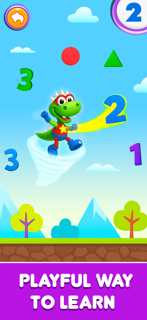 Dinosaurio superhéroe recogiendo números y formas en una colorida interfaz de juego educativo.