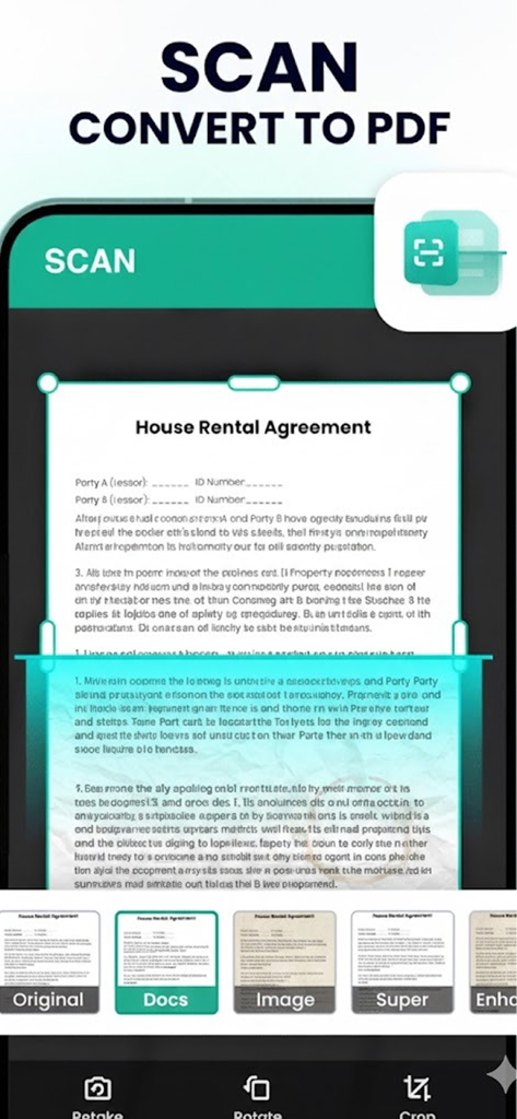 Una interfaz de smartphone mostrando la función para escanear un documento y convertirlo a PDF.