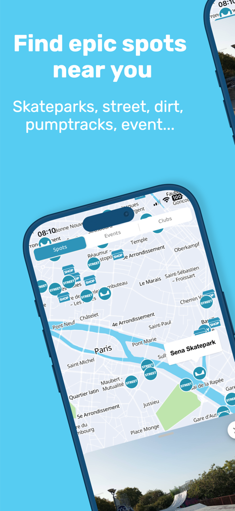Smap app interface showing a map with markers for skateparks and street spots