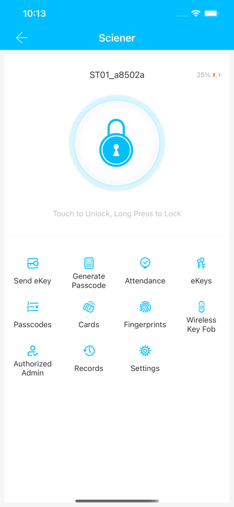 Main interface of the Sciener smart lock app showing remote unlock controls and property management options