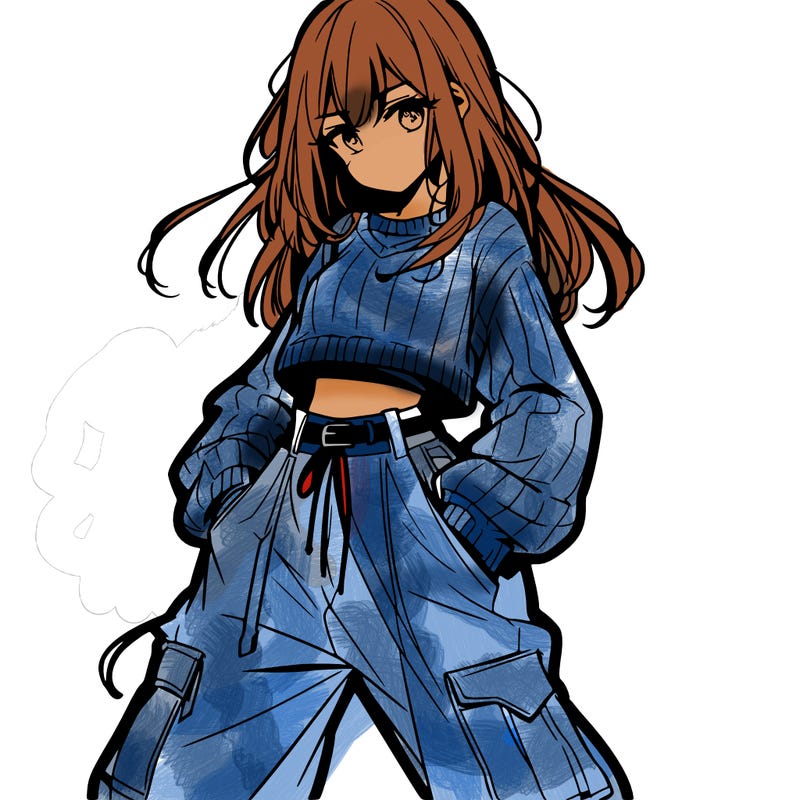 anime teen girl with baggy pants and crop top with sweater