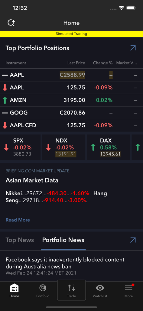 MEXEM mobile app home screen showing a stock portfolio dashboard with real-time market indices and financial news