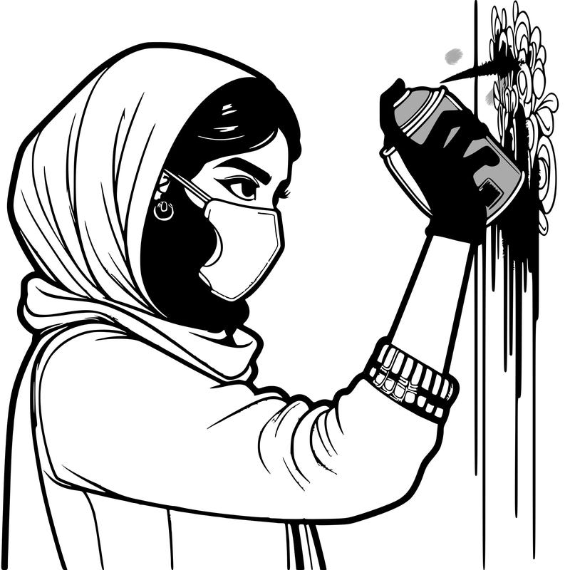 realistic girl with mask spray painting a wall