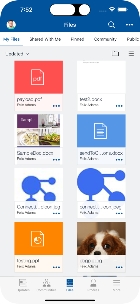 HCL Connections - Interface of HCL Connections app showing the Files section with documents and images.