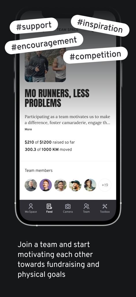 Movember - Interfaccia dell'app Movember che mostra i progressi della raccolta fondi del team e gli obiettivi di monitoraggio del fitness