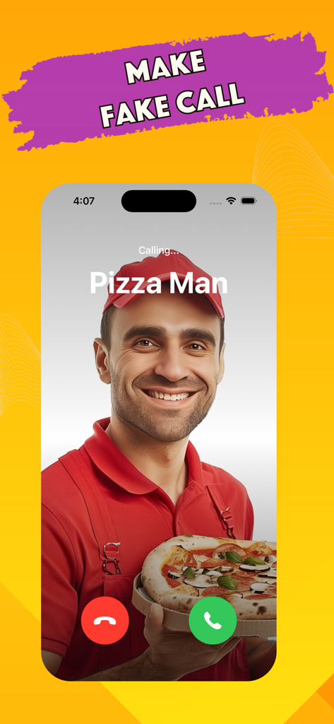 Fart Noise & Funny Fart Sounds - A smartphone screen showing a fake incoming call from a pizza man for pranking purposes.