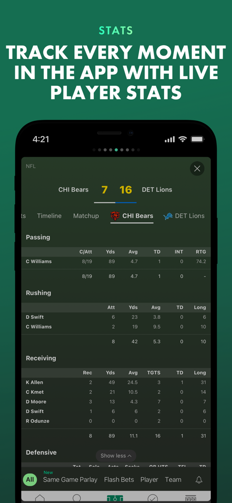 Live NFL player stats on the bet365 sportsbook app