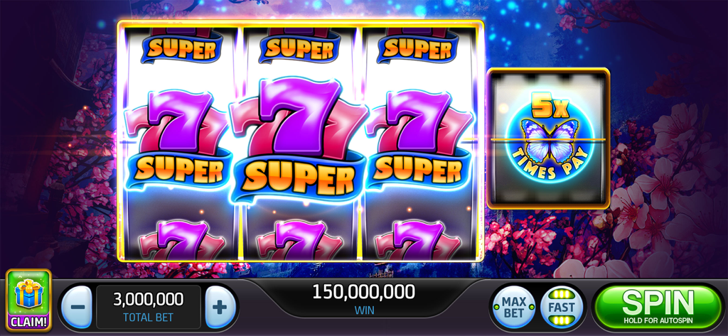 Slots Blastゲームプレイ、ラッキーな紫色の7と桜の背景で1億5千万コインの超大型ジャックポット勝利を表示