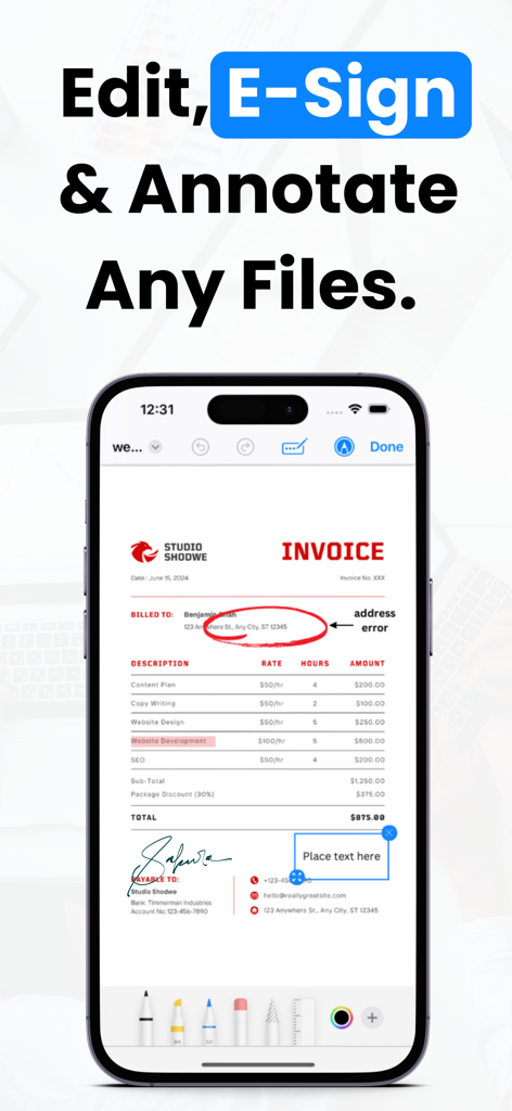 Un smartphone mostrando cómo editar, firmar electrónicamente y anotar un documento en la aplicación iPrint