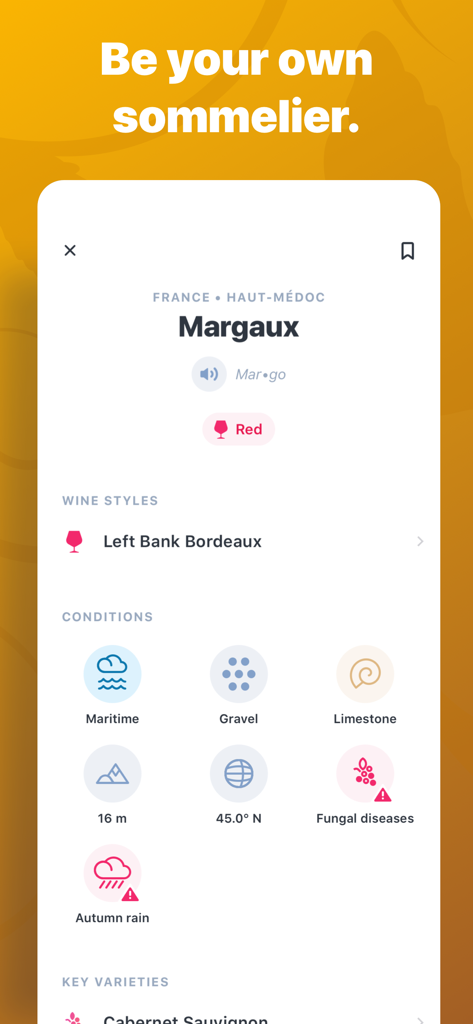 Detailed information about the Margaux wine region including terroir and climate conditions in the True Wine app.