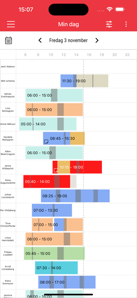 SoftOne GO - Daily employee work schedule and shift management timeline in the SoftOne GO app