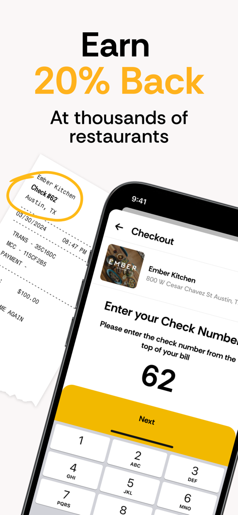 inKind-App-Oberfläche mit einem 20-Prozent-Cashback-Angebot und einem nahtlosen Checkout-Bildschirm für ein Restaurant