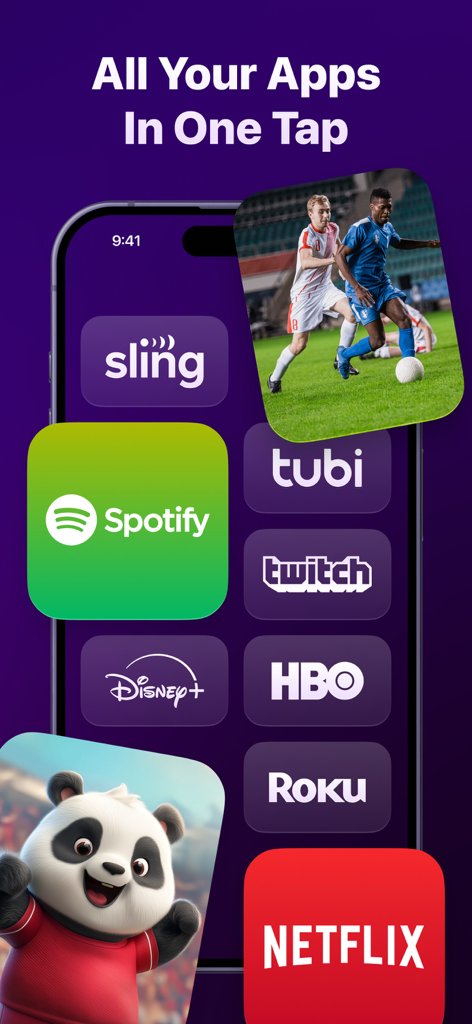 Total TV: Universal Remote - Pantalla de smartphone mostrando la función de lanzador de aplicaciones con iconos de servicios de streaming para acceso rápido a Netflix y Disney Plus