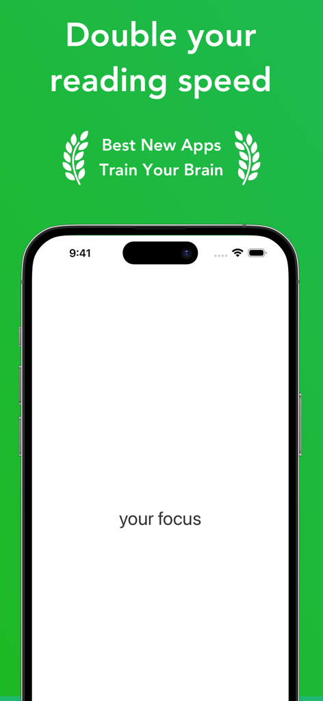 Outread speed reading app interface showing the headline double your reading speed and a phone screen displaying the focus reading mode