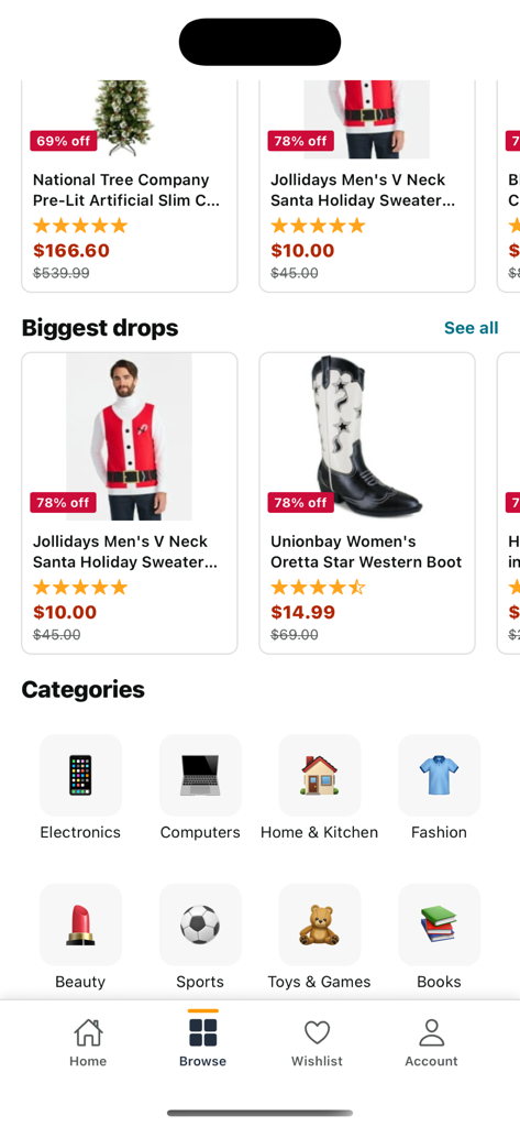 Camel Camel Camel Deals - Camel Camel Camel Deals app home screen displaying top price discounts and product categories like Electronics and Fashion.