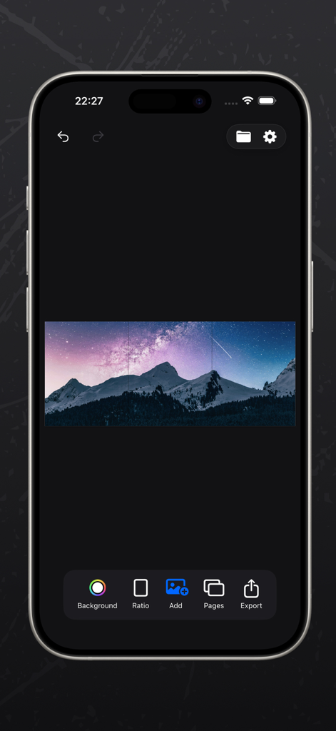 Stitch : Collage Maker - iPhone screen showing the Stitch app editor with a panoramic mountain photo divided into carousel pages