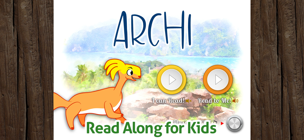 Read Along Book - Archi - Menú principal de la aplicación Archi Read Along para niños que presenta un personaje de dinosaurio naranja y botones para los modos 'Puedo Leer' y 'Leer para Mí'.