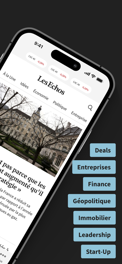 L'interface de l'application Les Echos affiche les actualités financières et les signaux boursiers.