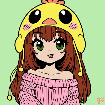 anime girl with chick shaped hat with sweater with bare shoulders with bangs covering them one eye with low tail