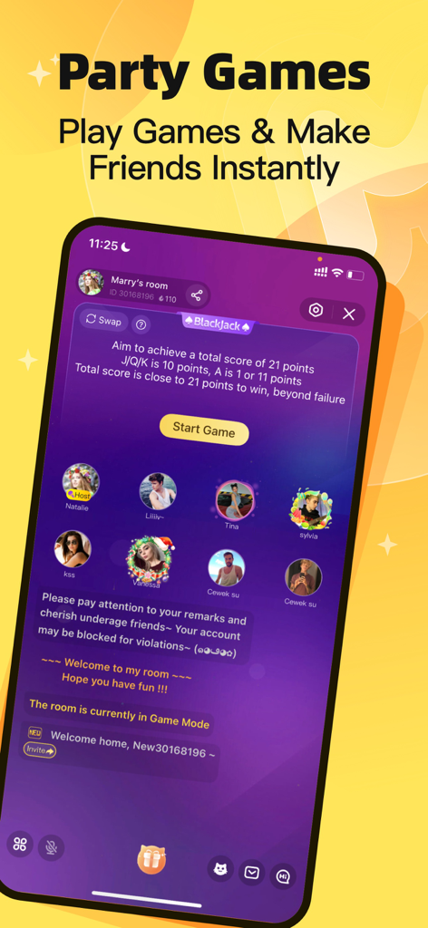 MIYA app interface displaying party games and voice chat features for social interaction