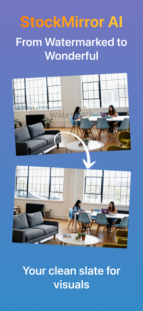 Watermark Remover: StockMirror - 사무실 스톡 사진에서 AI 워터마크 제거 전후 비교