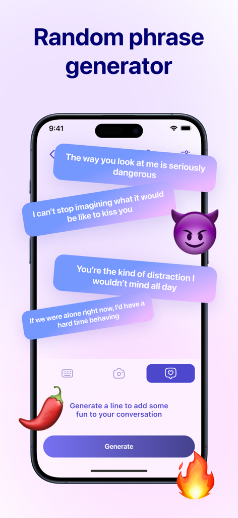 AI Flirt Wingman: Text Helper - Smartphone exibindo o aplicativo AI Flirt Wingman com um gerador de frases aleatórias para mensagens de aplicativos de namoro.