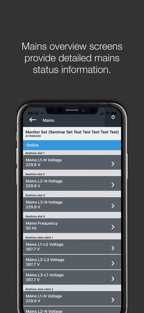 DSE WebNet® - Smartphone showing DSE WebNet mains overview screen with real-time voltage and frequency data