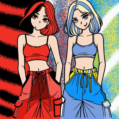 two girls with crop top with baggy pants