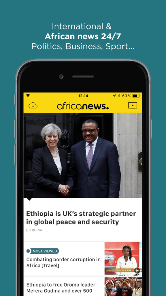 Benutzeroberfläche der Africanews Mobile App mit Schlagzeilen zu internationaler Politik und Wirtschaft