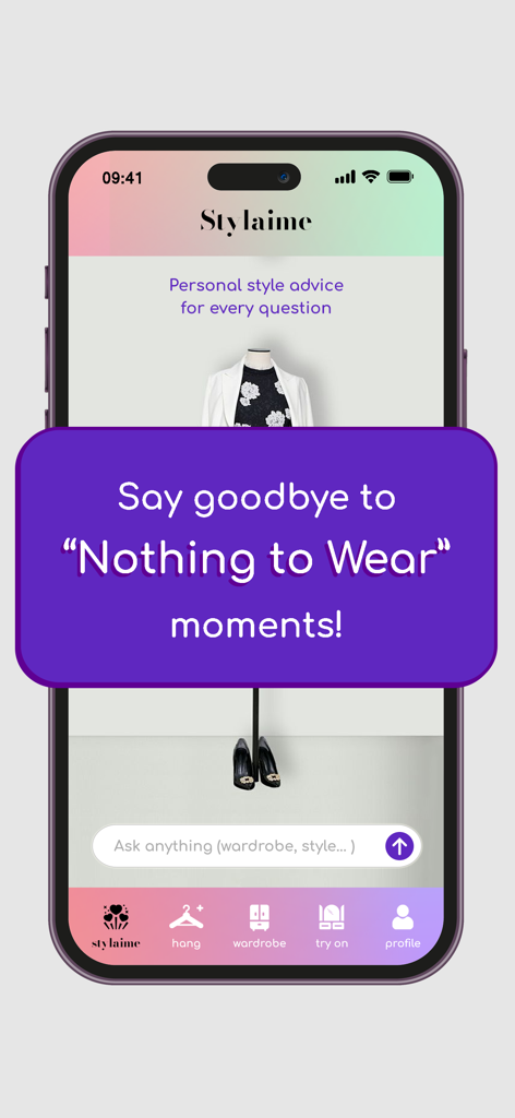 personal stylist - Stylaime - Stylaime mobile App-Oberfläche für KI-persönliches Styling und Kleiderschrankmanagement.